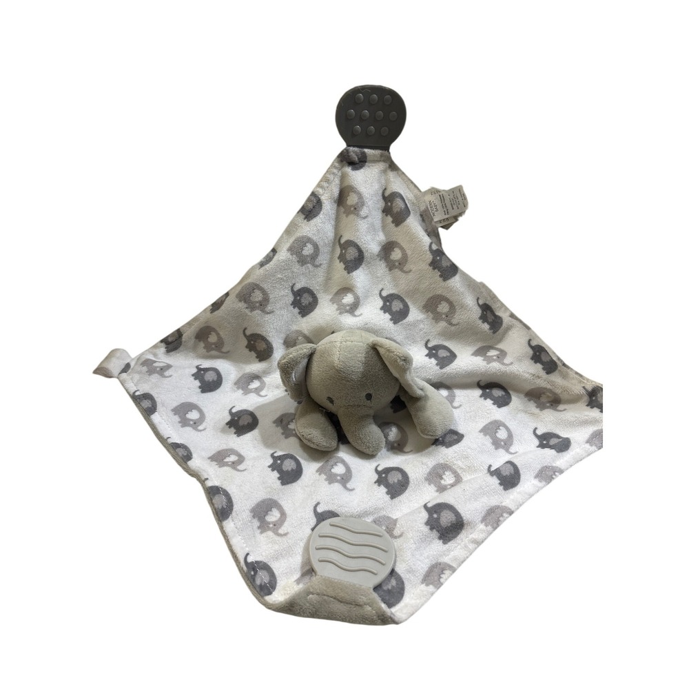 Modern Baby Elephant Lovey Security Blanket Grey White Teether Rattle‎ 12x12